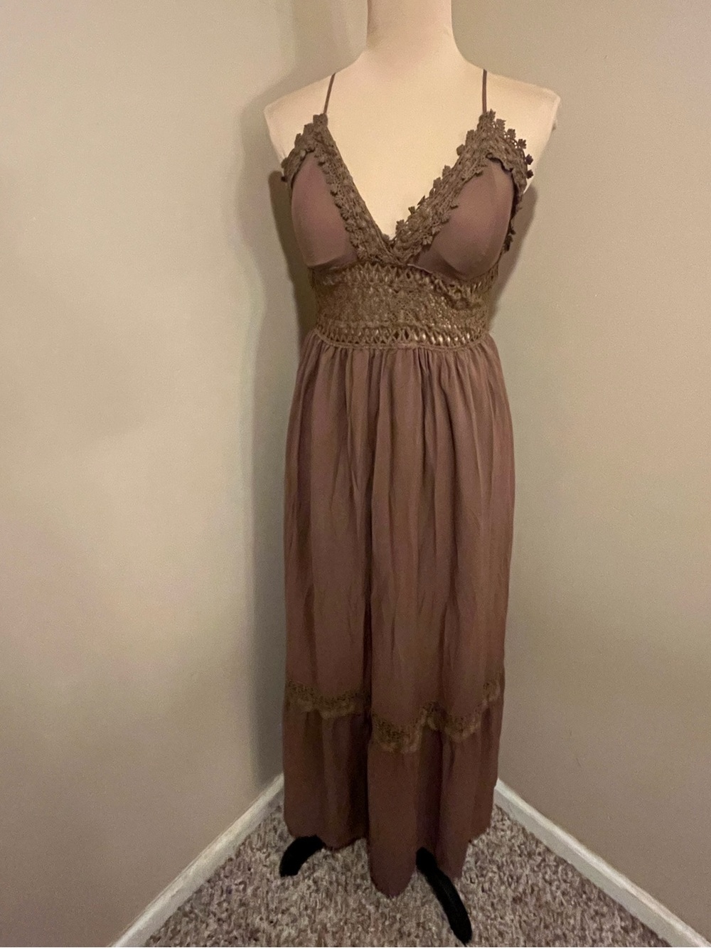 Cider Chocolate Brown Boho Crochet-Trim Maxi Dress, size Small - Picture 3 of 8